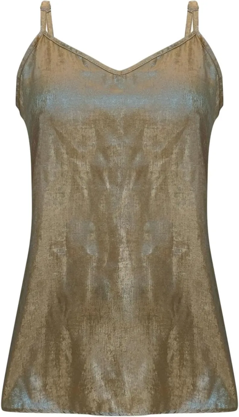 Women Metallic Shiny Cami Tops Summer Retro Causal Camisole Adjustable Spaghetti Strap Sleeveless Y2K Crop Tank Top