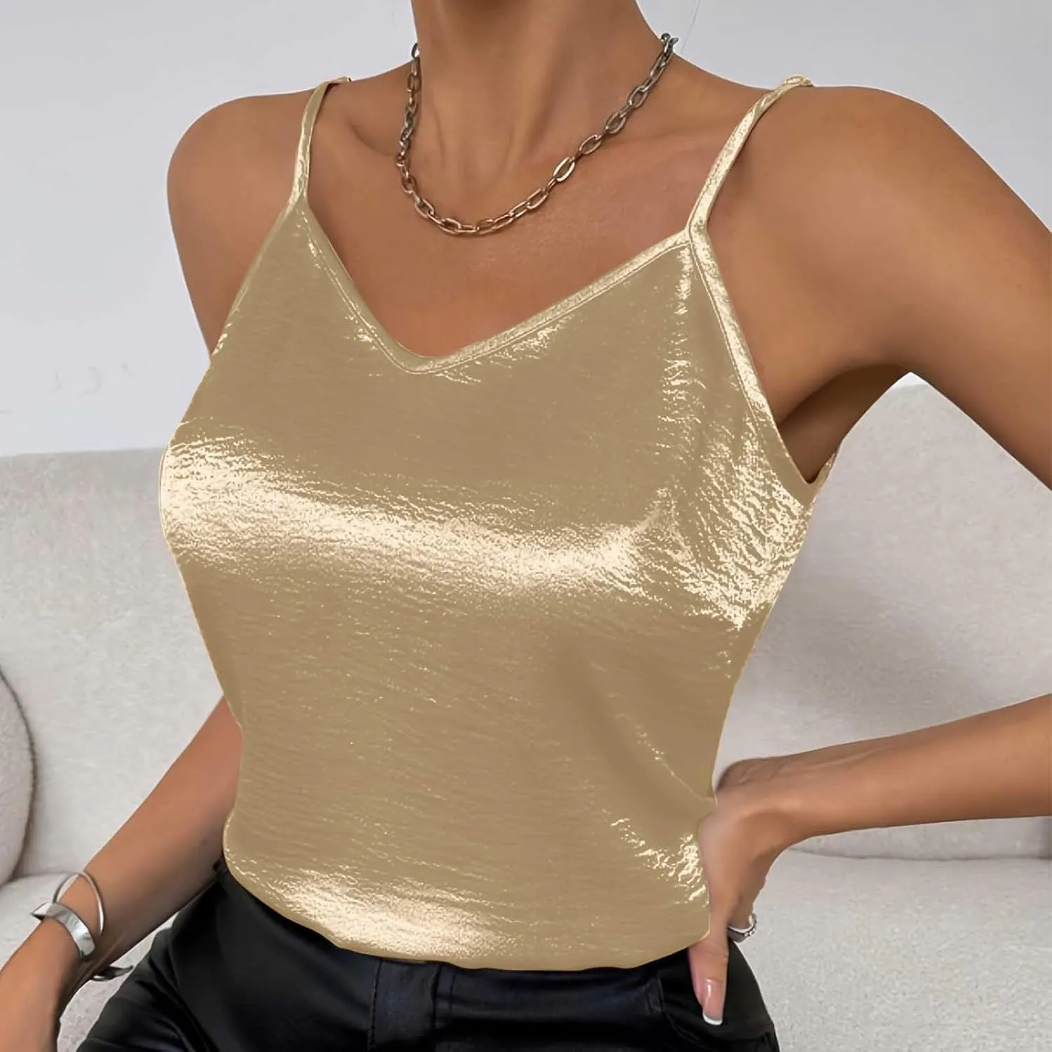Women Metallic Shiny Cami Tops Summer Retro Causal Camisole Adjustable Spaghetti Strap Sleeveless Y2K Crop Tank Top