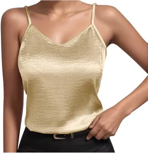 Women Metallic Shiny Cami Tops Summer Retro Causal Camisole Adjustable Spaghetti Strap Sleeveless Y2K Crop Tank Top