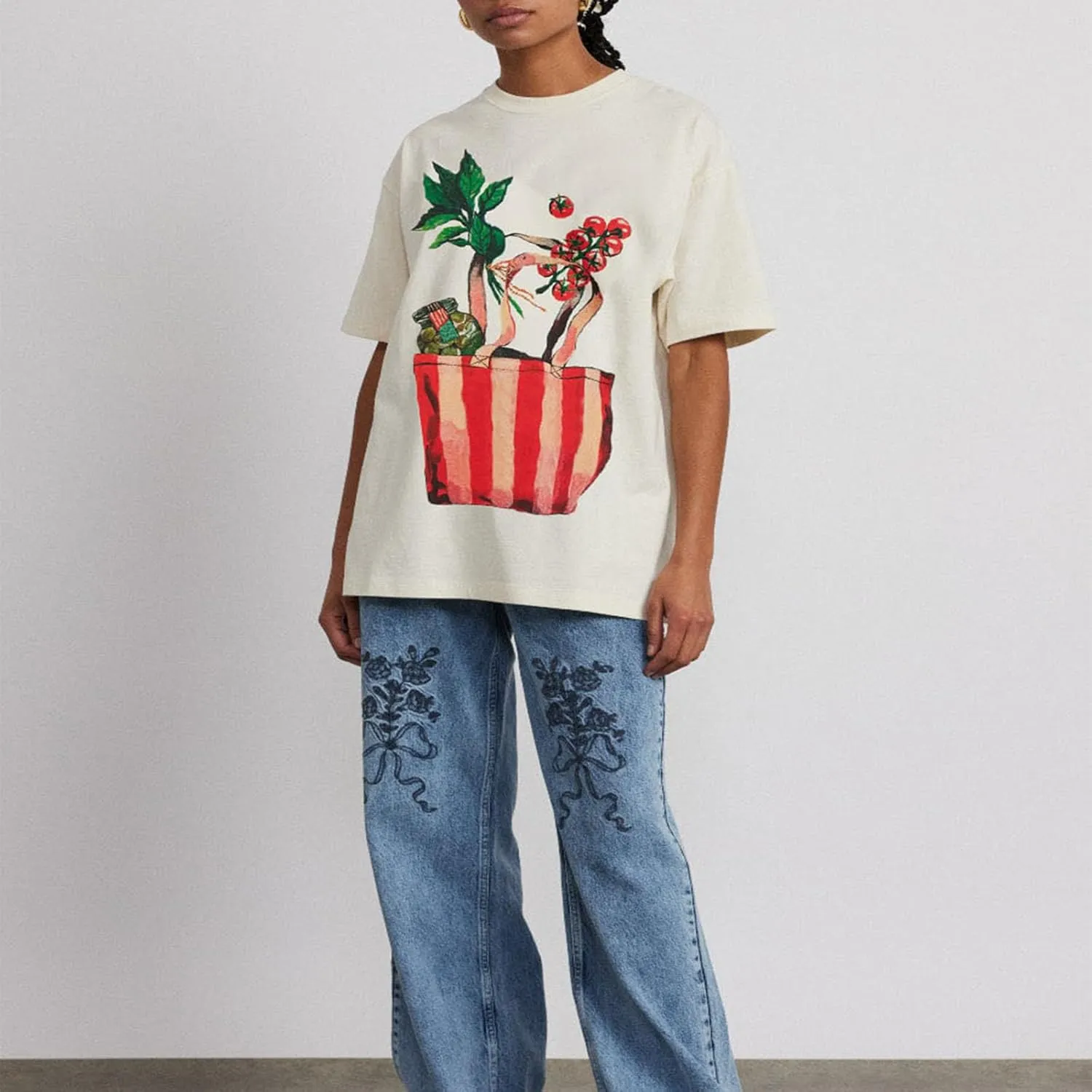 Women Oversized Graphic Tee Y2k Fruit Print Short Sleeve Crewneck T Shirt Aesthetic Loose Fit Top Summer Streetwear