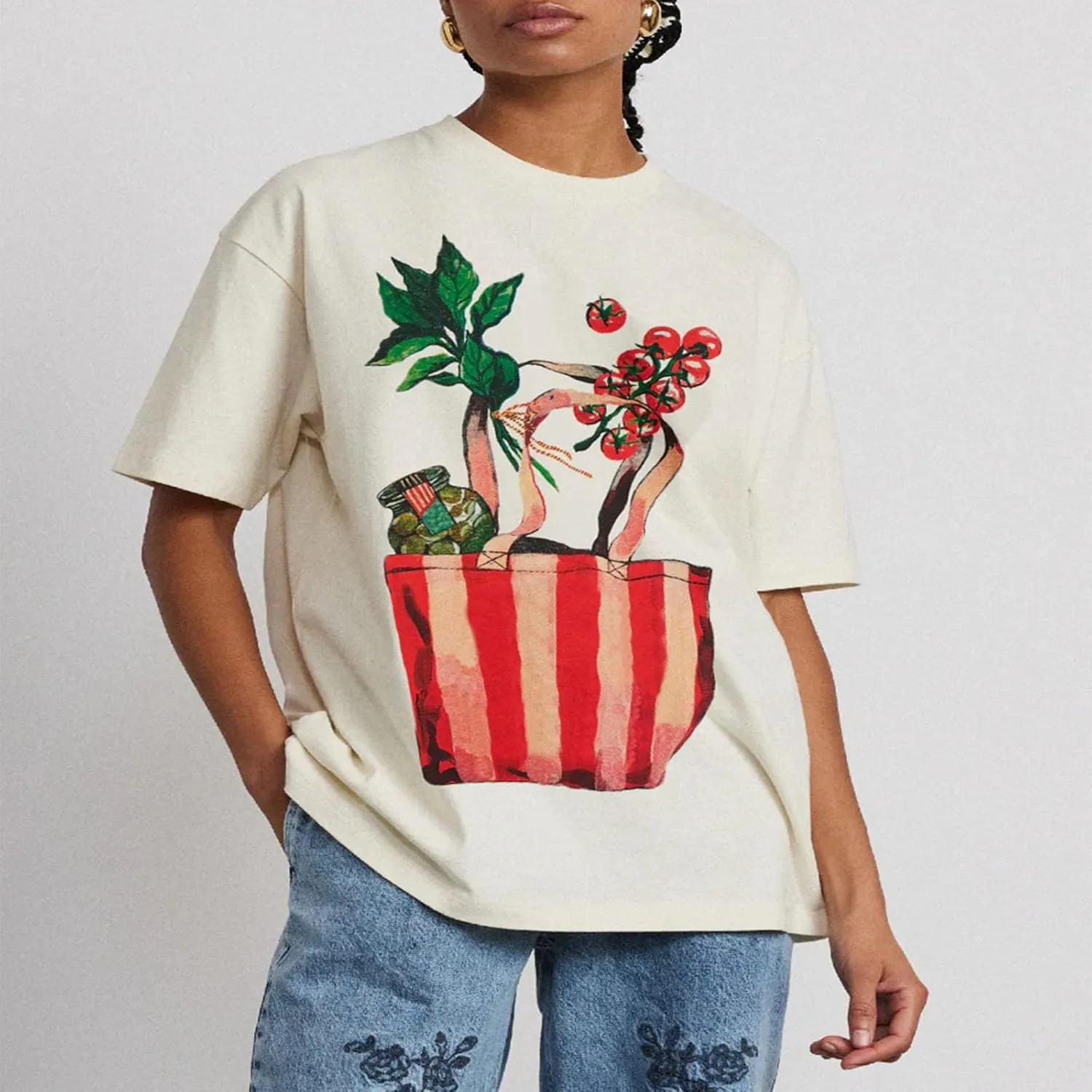 Women Oversized Graphic Tee Y2k Fruit Print Short Sleeve Crewneck T Shirt Aesthetic Loose Fit Top Summer Streetwear
