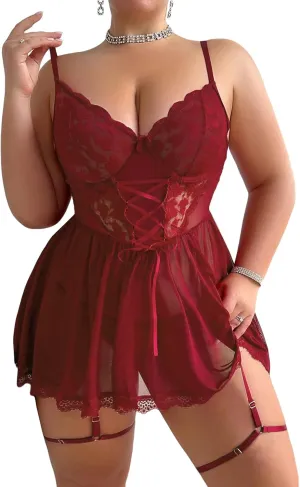 Women Plus Size Lingerie Mesh Babydoll Dress Sexy Lace Nightgown Lace Up Sleepwear Nighty with Gater Belt