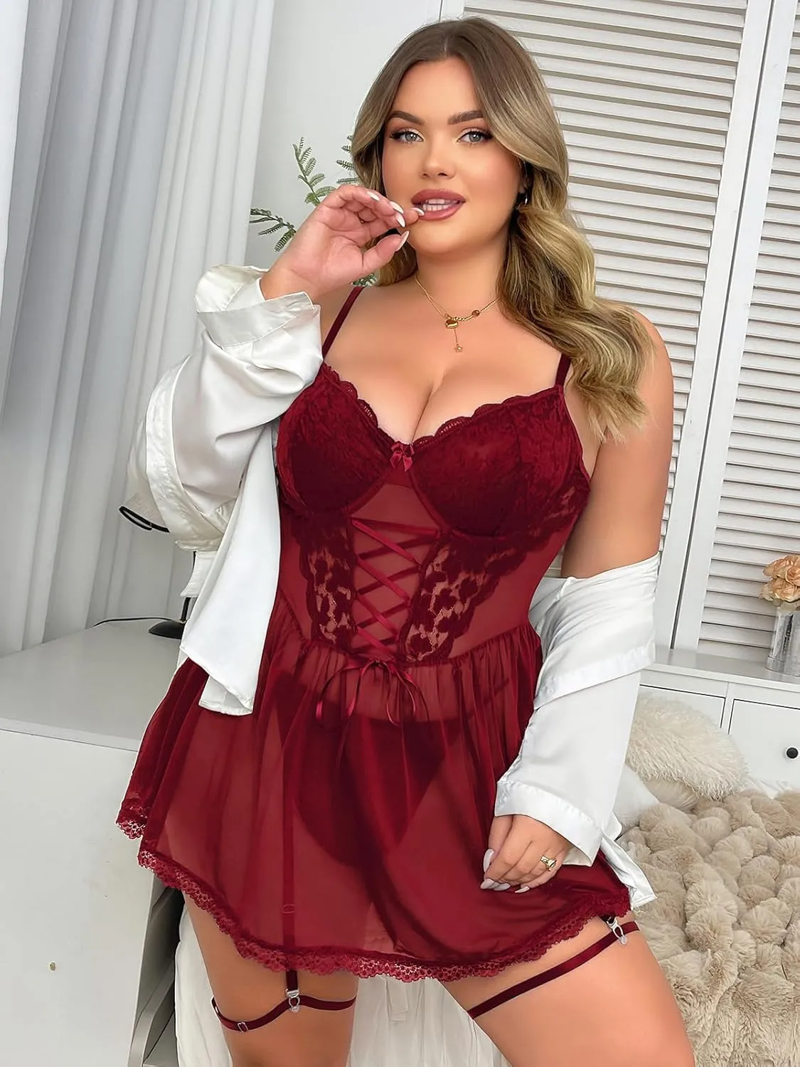 Women Plus Size Lingerie Mesh Babydoll Dress Sexy Lace Nightgown Lace Up Sleepwear Nighty with Gater Belt