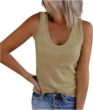 Women Ribbed Summer Tank Tops U-Neck Sleeveless Fitted Basic Cami Tee Shirts Ladies Travel Vacation Outfits