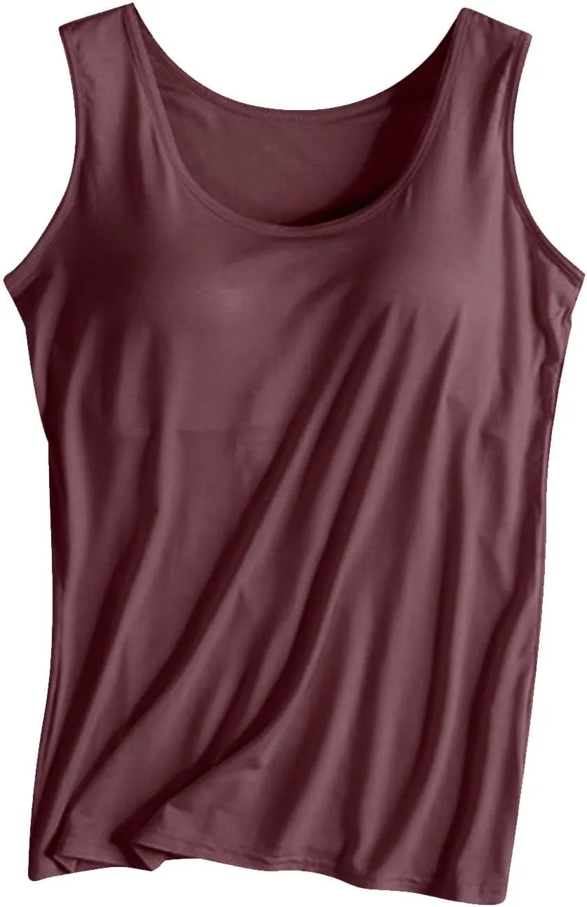 Women Scoop Neck Tank Tops Summer Built in Bras Yoga Athletic T-Shirts Comfy Modal Loungewear Sleeveless Pjs Shirts