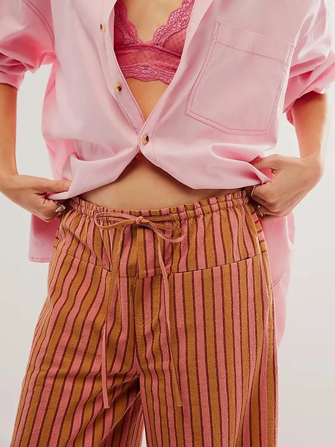 Women Striped Pajamas Pants Y2K Linen Baggy Wide Leg Lounge Pants Drawstrings Comfy Pjs Bottom with Pockets