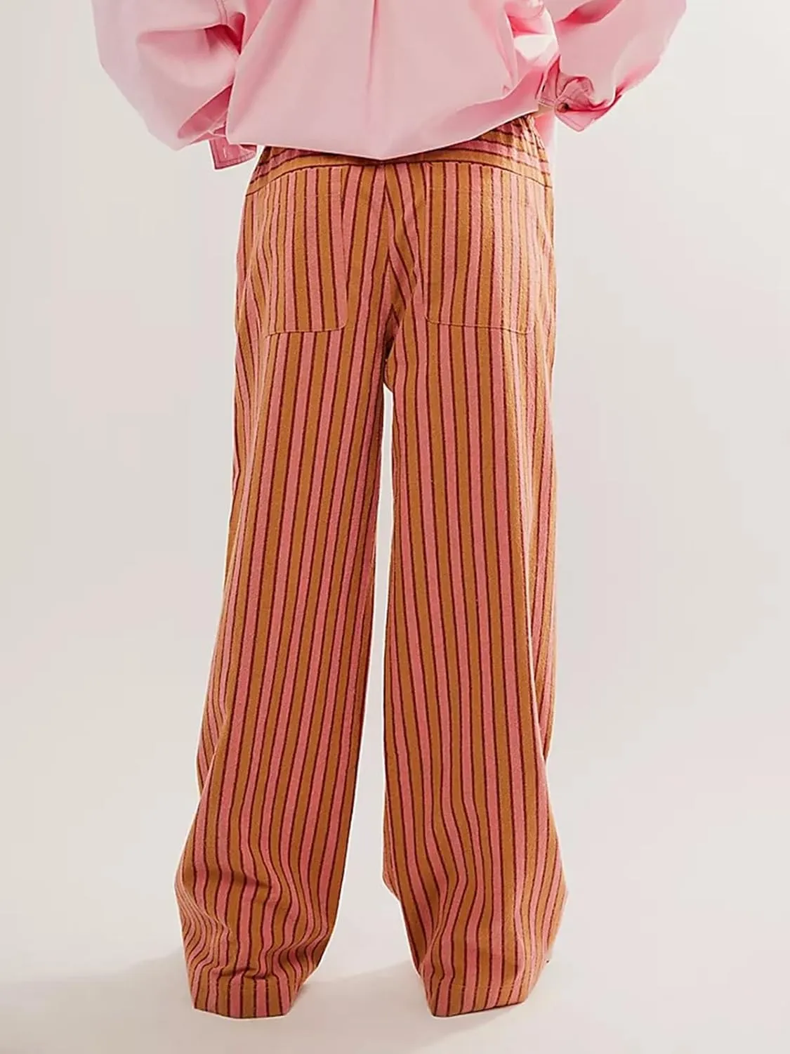 Women Striped Pajamas Pants Y2K Linen Baggy Wide Leg Lounge Pants Drawstrings Comfy Pjs Bottom with Pockets