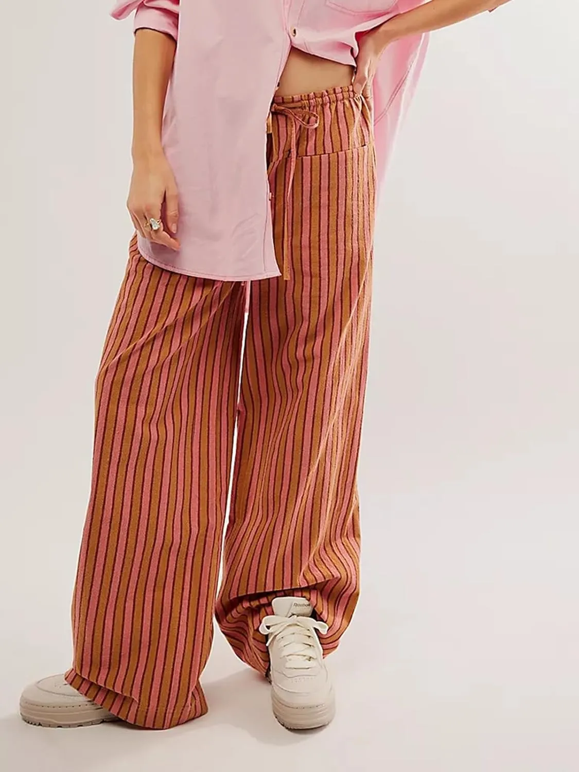 Women Striped Pajamas Pants Y2K Linen Baggy Wide Leg Lounge Pants Drawstrings Comfy Pjs Bottom with Pockets