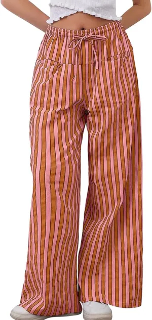 Women Striped Pajamas Pants Y2K Linen Baggy Wide Leg Lounge Pants Drawstrings Comfy Pjs Bottom with Pockets