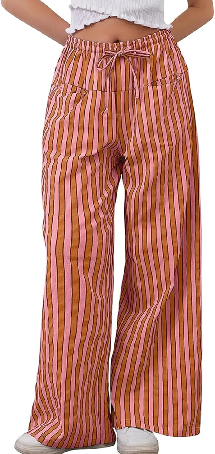 Women Striped Pajamas Pants Y2K Linen Baggy Wide Leg Lounge Pants Drawstrings Comfy Pjs Bottom with Pockets