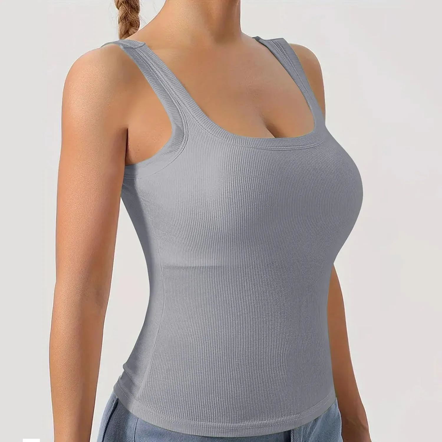 Women Tank Tops with Built in Bras Summer Casual Ribbed Knit Camisole U Neck Sleeveless Padded Workout Yoga Shirt