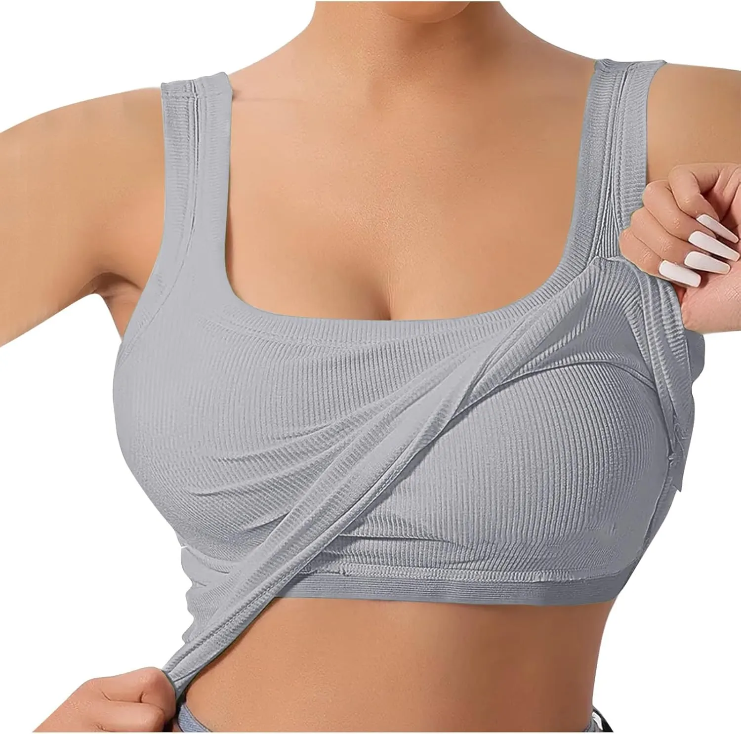 Women Tank Tops with Built in Bras Summer Casual Ribbed Knit Camisole U Neck Sleeveless Padded Workout Yoga Shirt