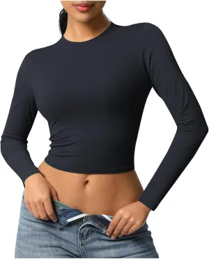 Women Workout Crop Tops Long Sleeve Athletic Yoga Running Tee Shirts High Neck Seamless Cropped Slim Fitted Gym Shirts