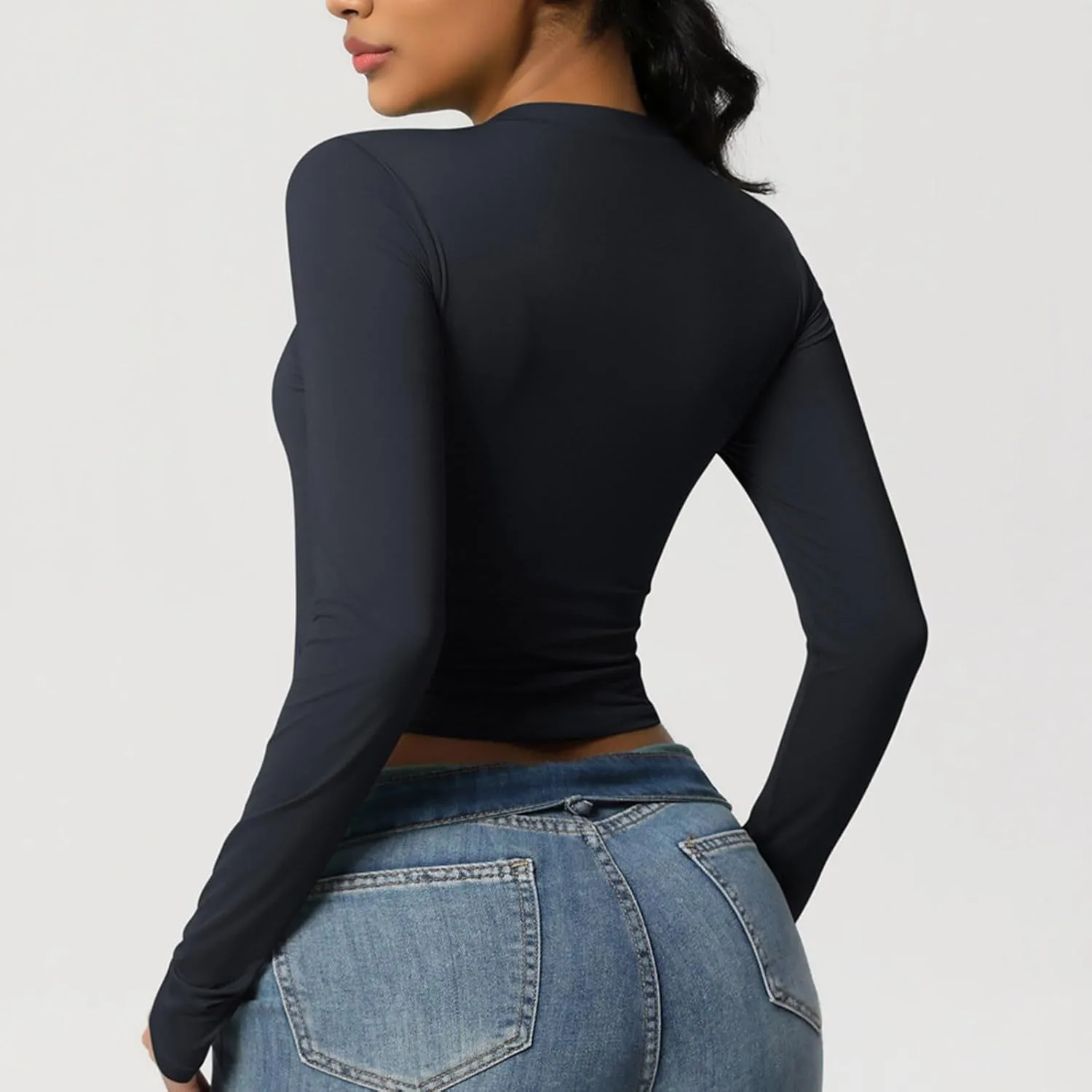 Women Workout Crop Tops Long Sleeve Athletic Yoga Running Tee Shirts High Neck Seamless Cropped Slim Fitted Gym Shirts