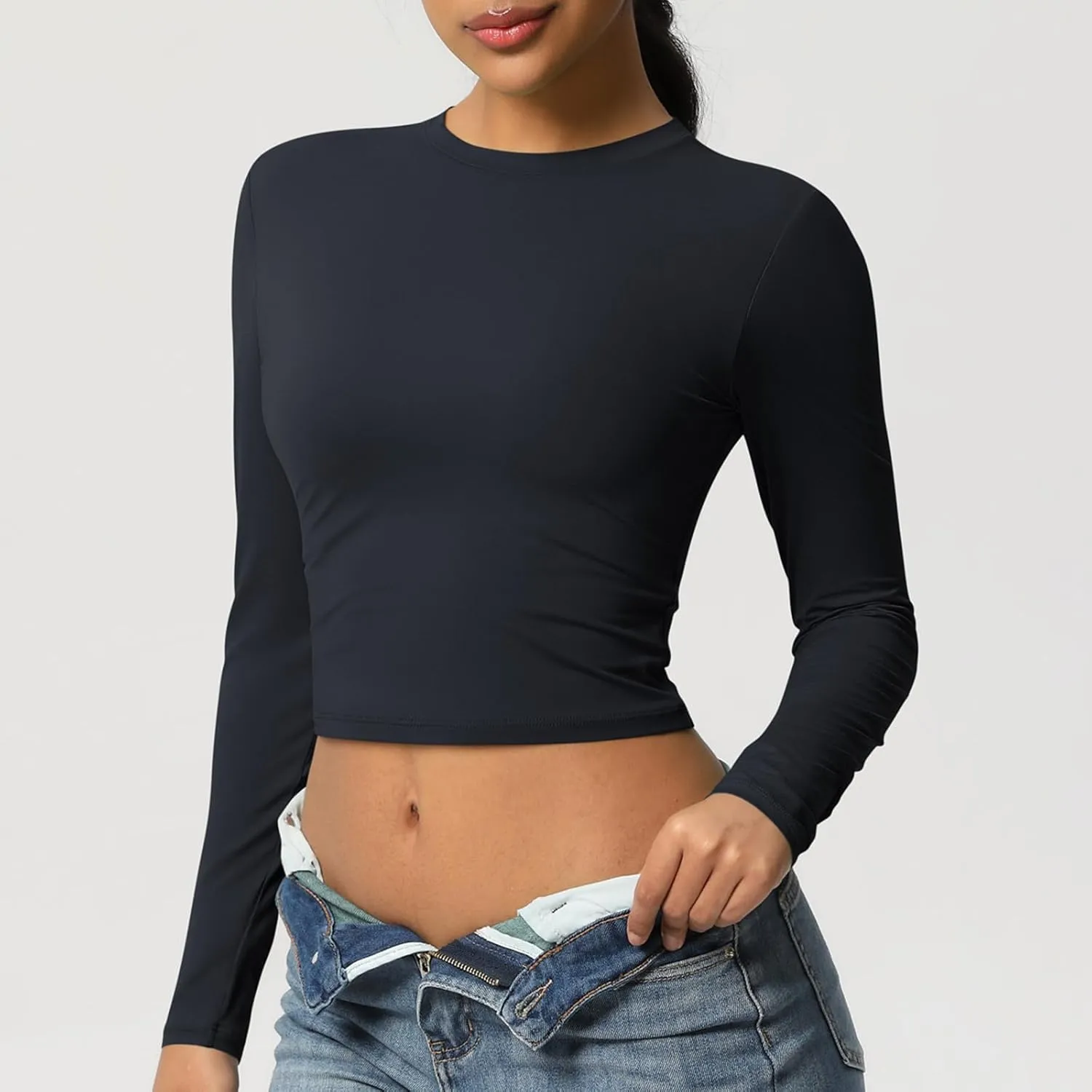 Women Workout Crop Tops Long Sleeve Athletic Yoga Running Tee Shirts High Neck Seamless Cropped Slim Fitted Gym Shirts