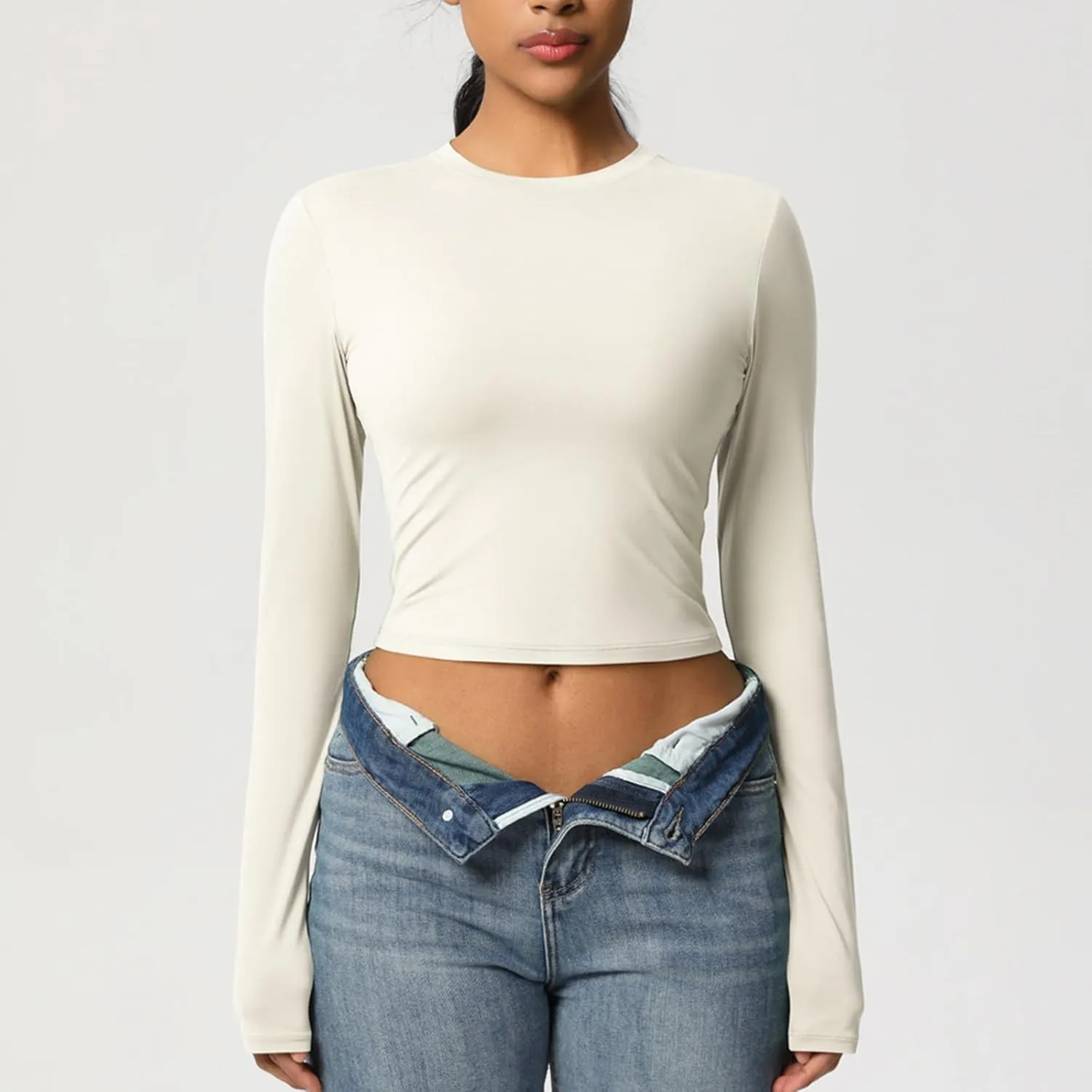 Women Workout Crop Tops Long Sleeve Athletic Yoga Running Tee Shirts High Neck Seamless Cropped Slim Fitted Gym Shirts