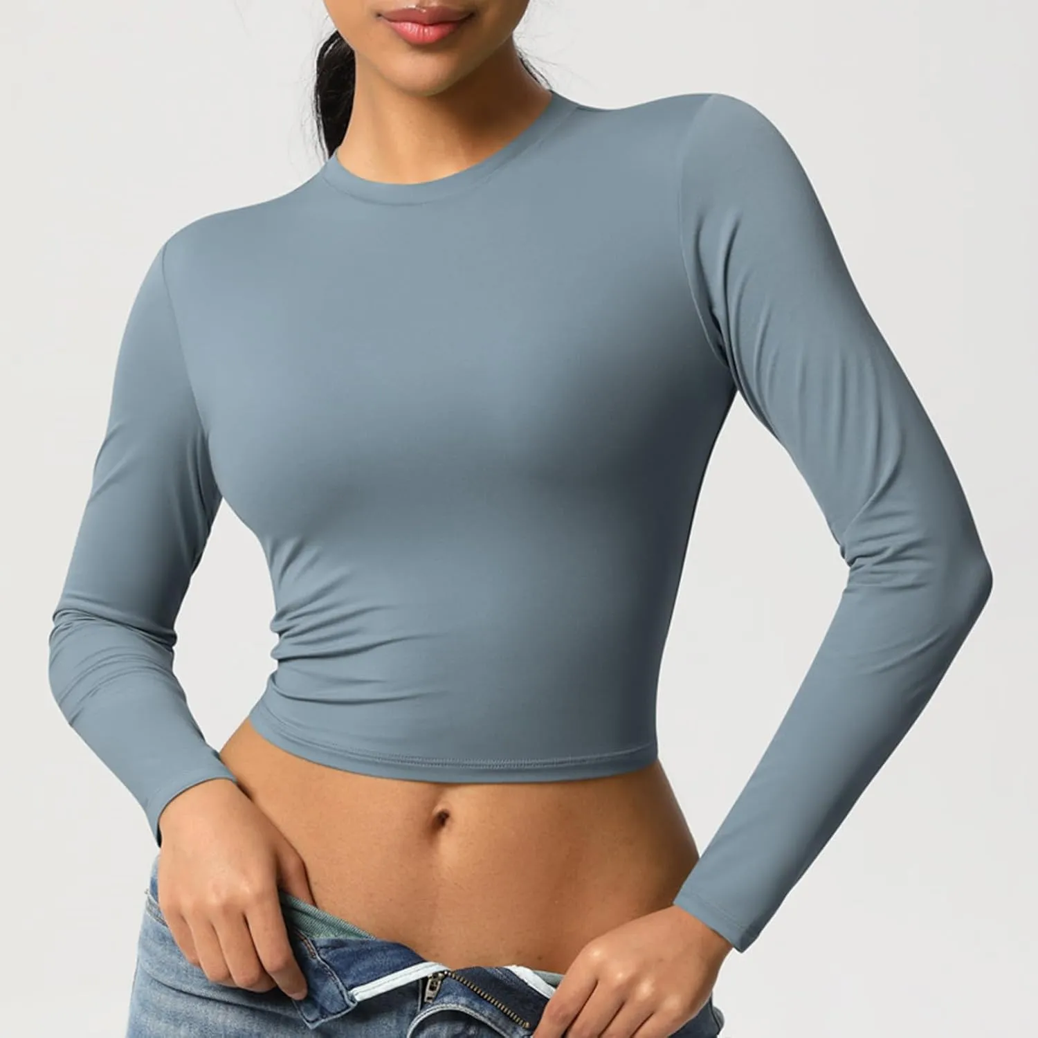 Women Workout Crop Tops Long Sleeve Athletic Yoga Running Tee Shirts High Neck Seamless Cropped Slim Fitted Gym Shirts