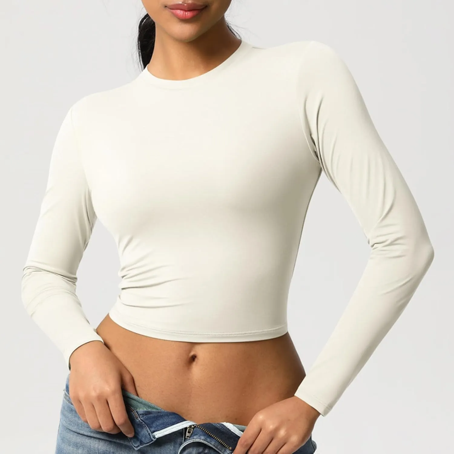 Women Workout Crop Tops Long Sleeve Athletic Yoga Running Tee Shirts High Neck Seamless Cropped Slim Fitted Gym Shirts