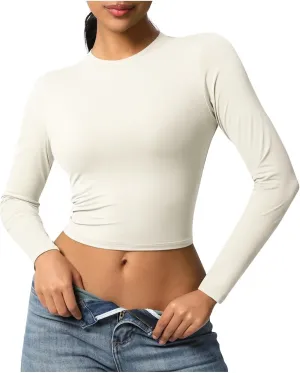 Women Workout Crop Tops Long Sleeve Athletic Yoga Running Tee Shirts High Neck Seamless Cropped Slim Fitted Gym Shirts