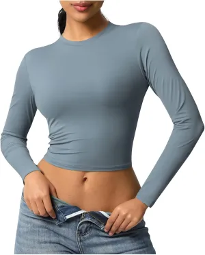 Women Workout Crop Tops Long Sleeve Athletic Yoga Running Tee Shirts High Neck Seamless Cropped Slim Fitted Gym Shirts
