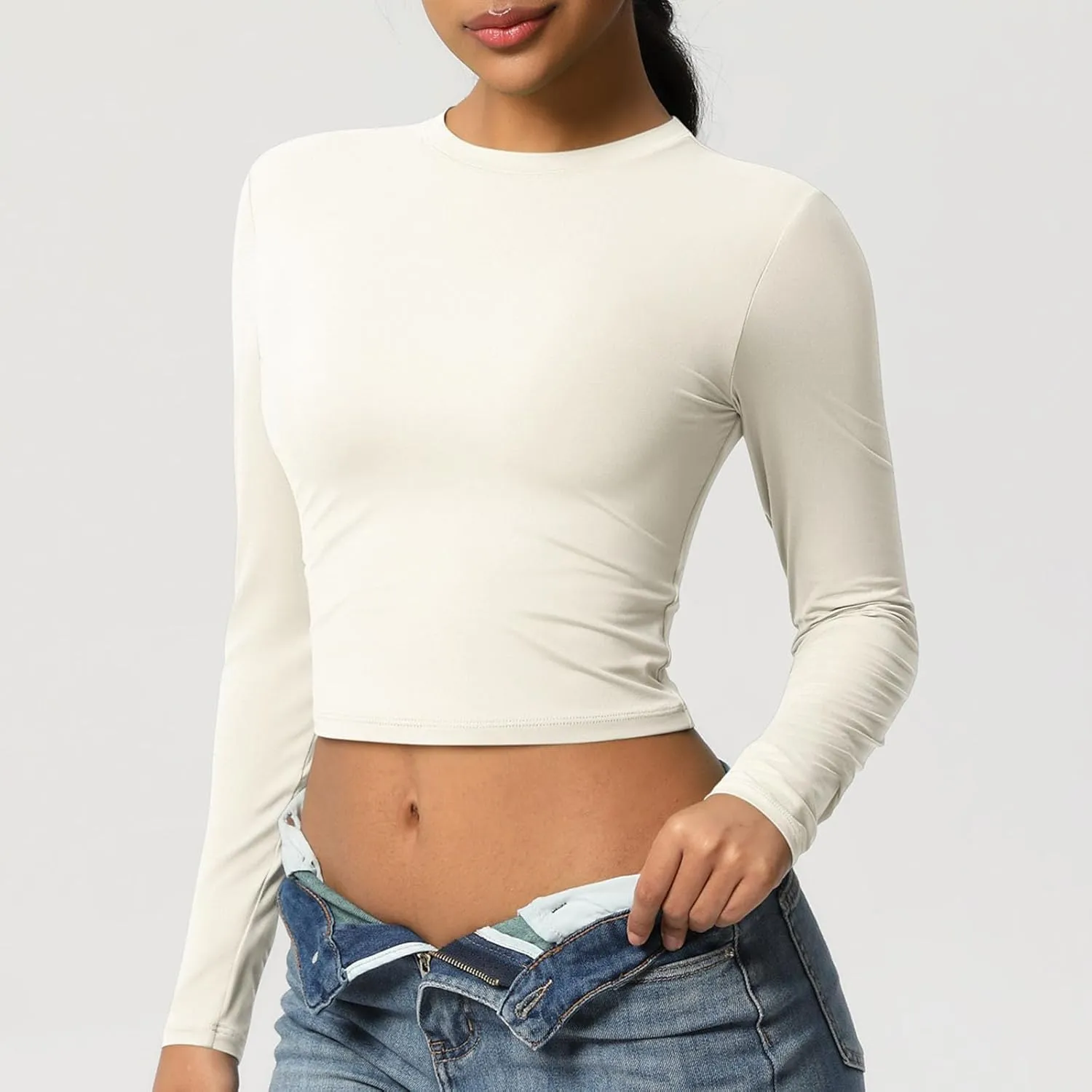 Women Workout Crop Tops Long Sleeve Athletic Yoga Running Tee Shirts High Neck Seamless Cropped Slim Fitted Gym Shirts
