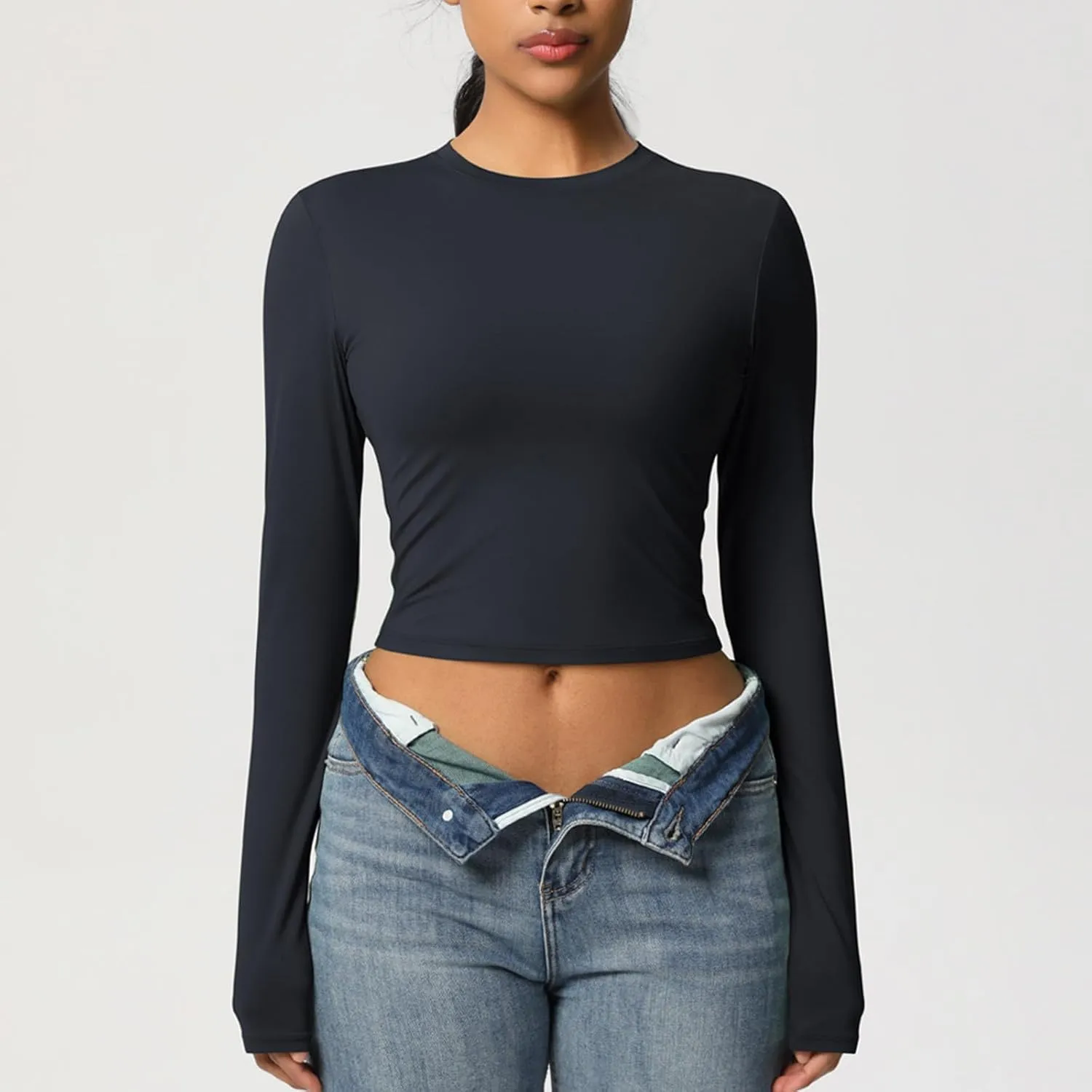 Women Workout Crop Tops Long Sleeve Athletic Yoga Running Tee Shirts High Neck Seamless Cropped Slim Fitted Gym Shirts