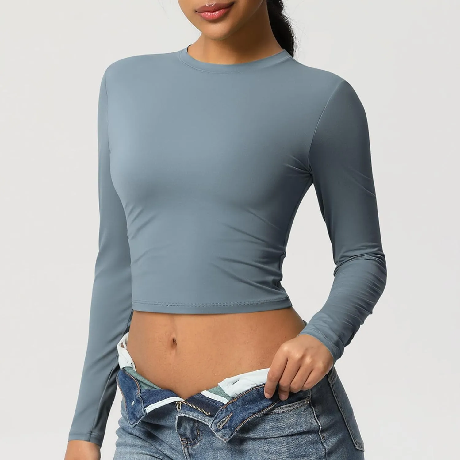 Women Workout Crop Tops Long Sleeve Athletic Yoga Running Tee Shirts High Neck Seamless Cropped Slim Fitted Gym Shirts