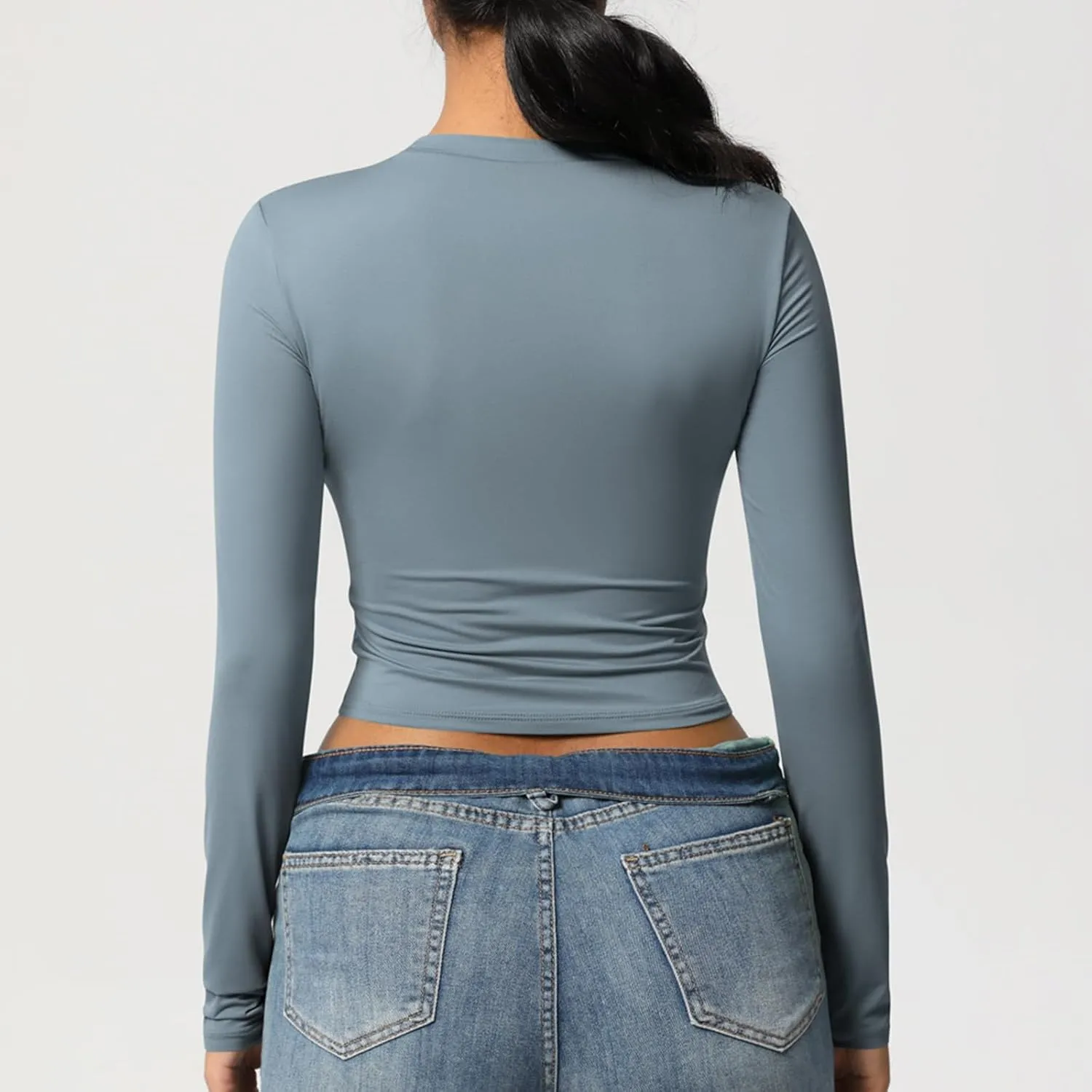 Women Workout Crop Tops Long Sleeve Athletic Yoga Running Tee Shirts High Neck Seamless Cropped Slim Fitted Gym Shirts