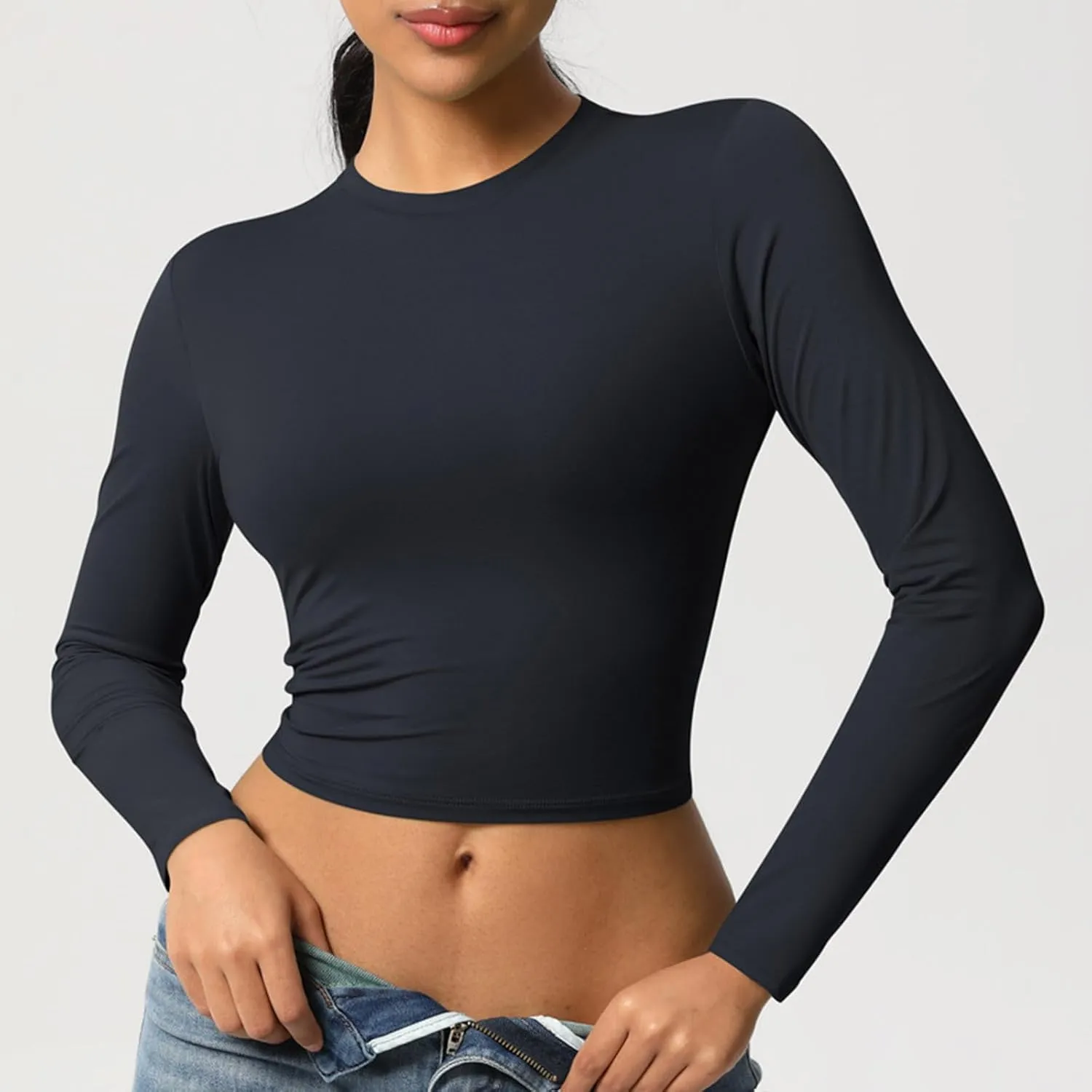 Women Workout Crop Tops Long Sleeve Athletic Yoga Running Tee Shirts High Neck Seamless Cropped Slim Fitted Gym Shirts