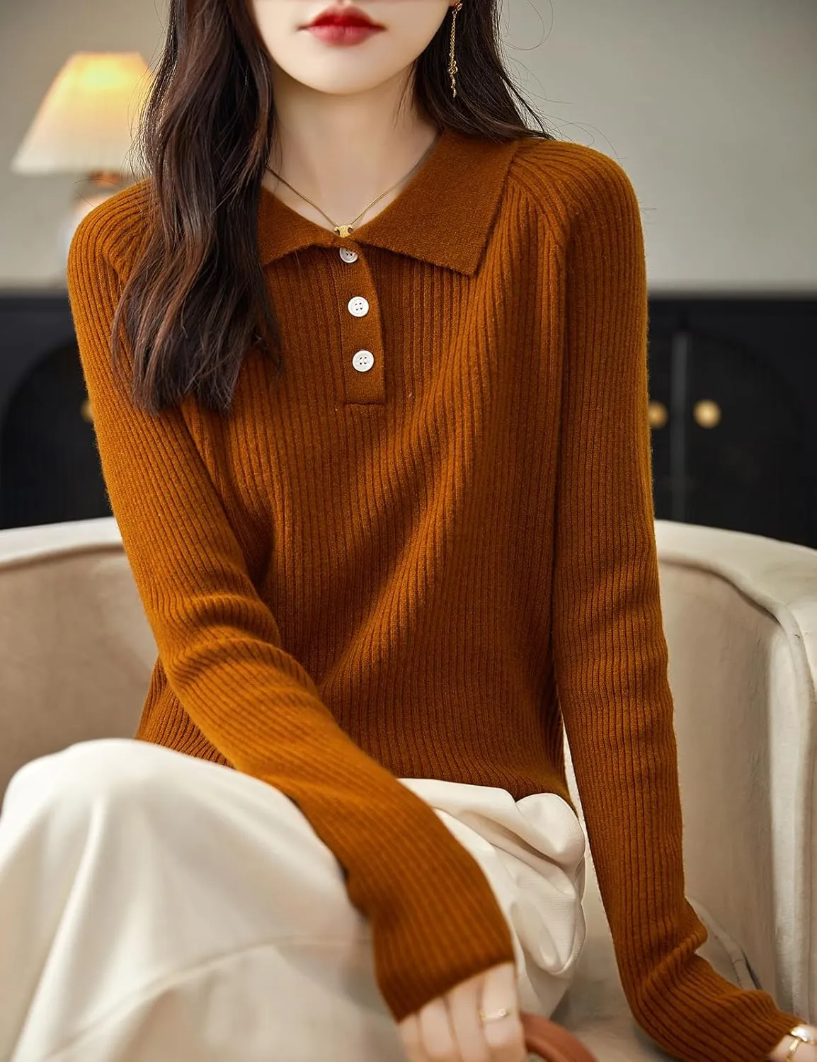 Women's 100% Merino Wool Sweater 2025 Fall Winter Polo Neck Long Sleeve Warm Soft Knit Pulover Sweater
