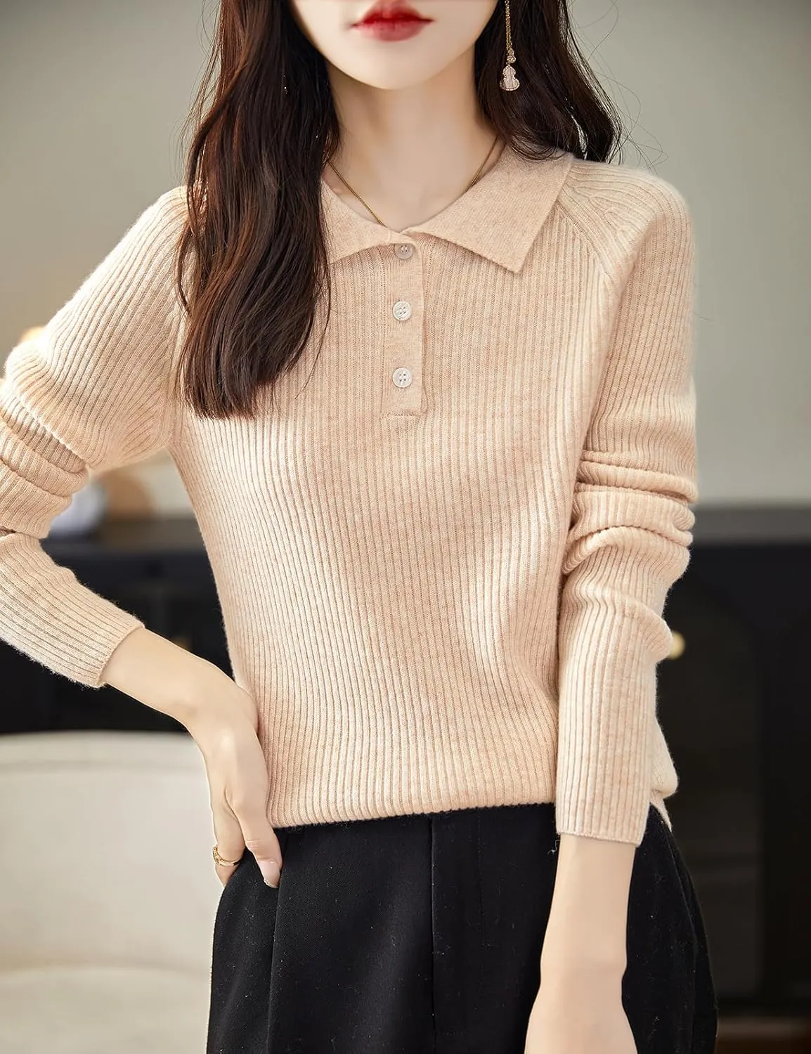 Women's 100% Merino Wool Sweater 2025 Fall Winter Polo Neck Long Sleeve Warm Soft Knit Pulover Sweater