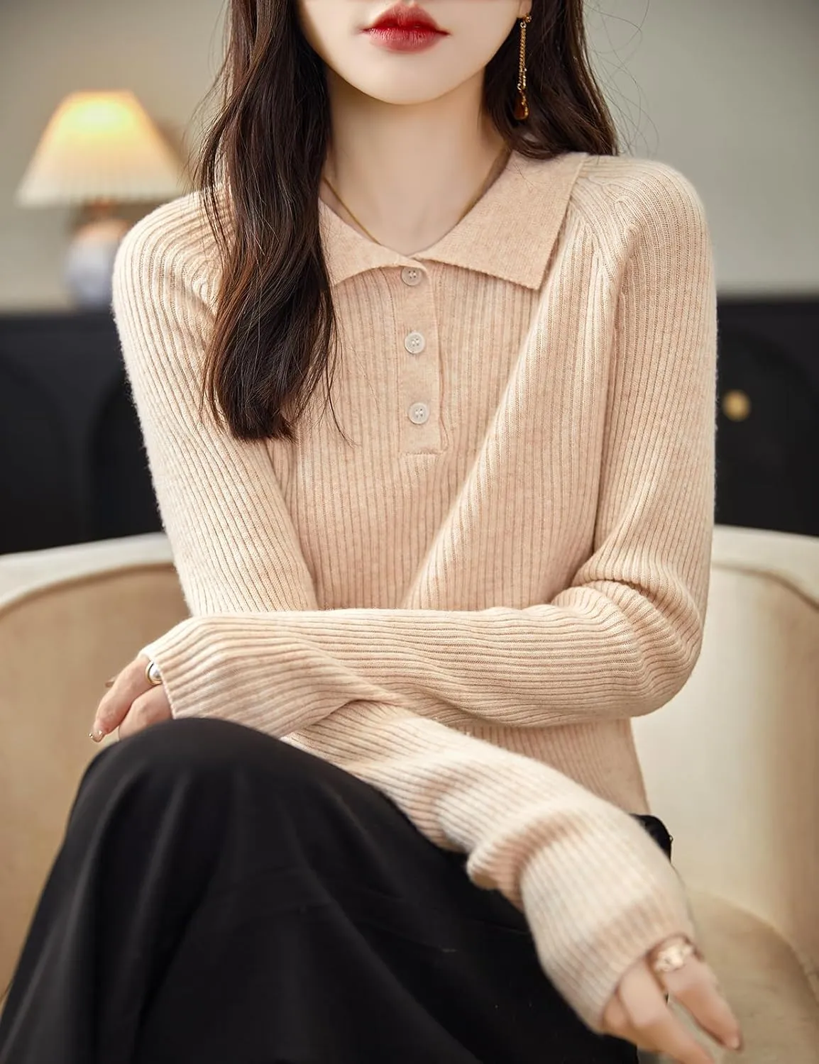 Women's 100% Merino Wool Sweater 2025 Fall Winter Polo Neck Long Sleeve Warm Soft Knit Pulover Sweater