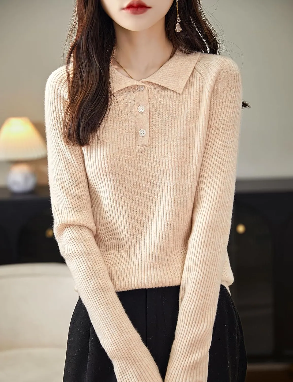 Women's 100% Merino Wool Sweater 2025 Fall Winter Polo Neck Long Sleeve Warm Soft Knit Pulover Sweater