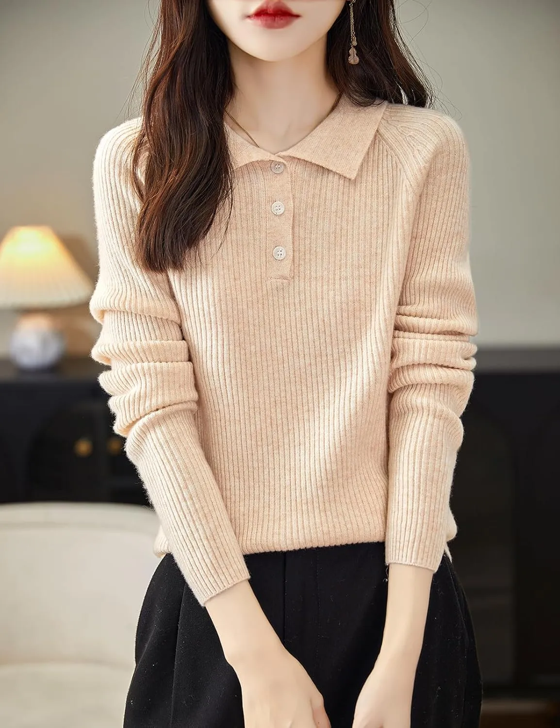 Women's 100% Merino Wool Sweater 2025 Fall Winter Polo Neck Long Sleeve Warm Soft Knit Pulover Sweater