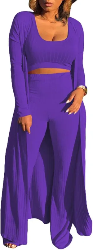 Womens 3 Piece Outfits Open Front Cardigan Cover Up Crop Tank Tops Wide Leg Palazzo Pants Loungewear Set