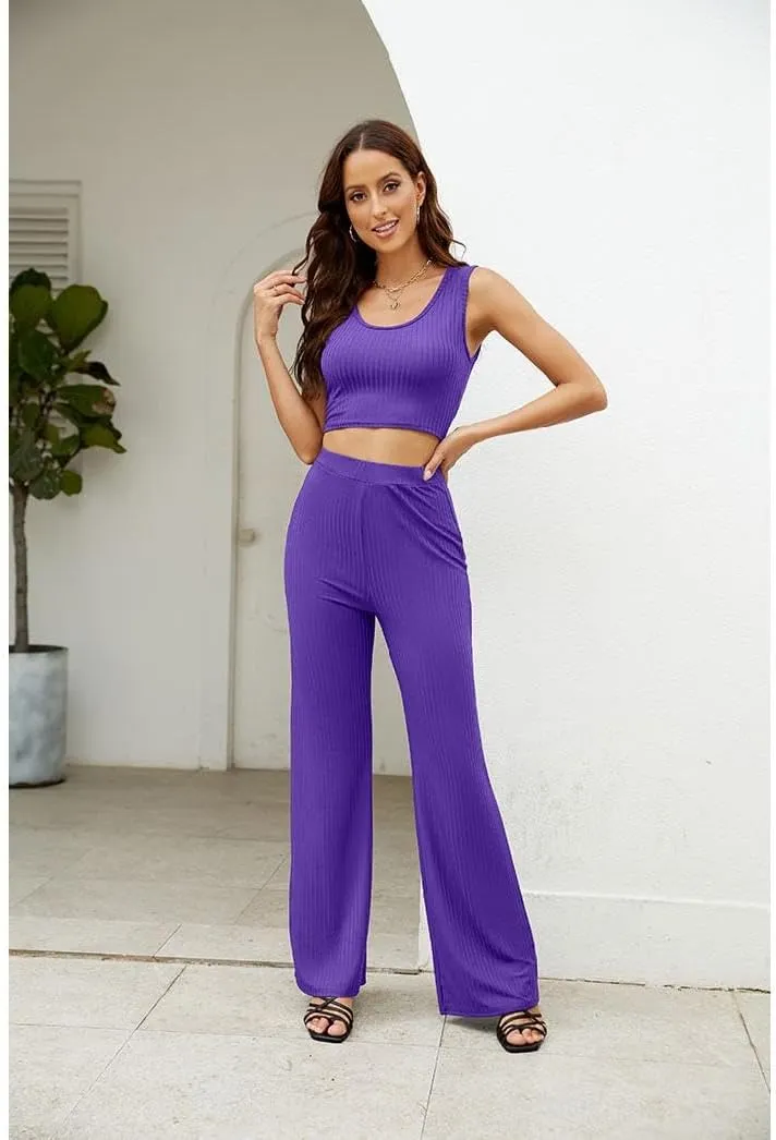 Womens 3 Piece Outfits Open Front Cardigan Cover Up Crop Tank Tops Wide Leg Palazzo Pants Loungewear Set