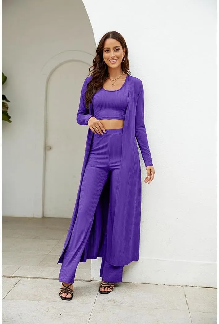 Womens 3 Piece Outfits Open Front Cardigan Cover Up Crop Tank Tops Wide Leg Palazzo Pants Loungewear Set