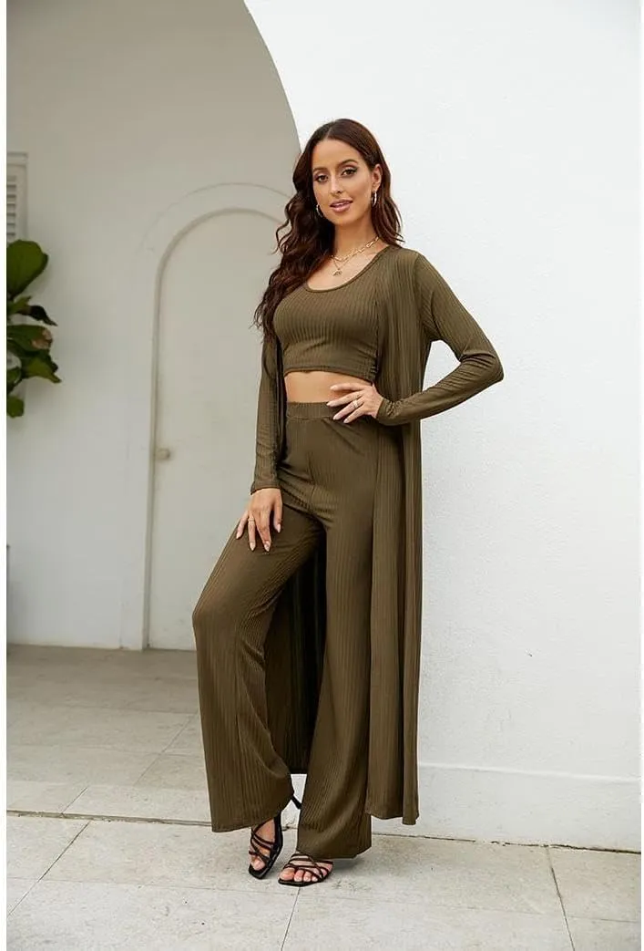 Womens 3 Piece Outfits Open Front Cardigan Cover Up Crop Tank Tops Wide Leg Palazzo Pants Loungewear Set