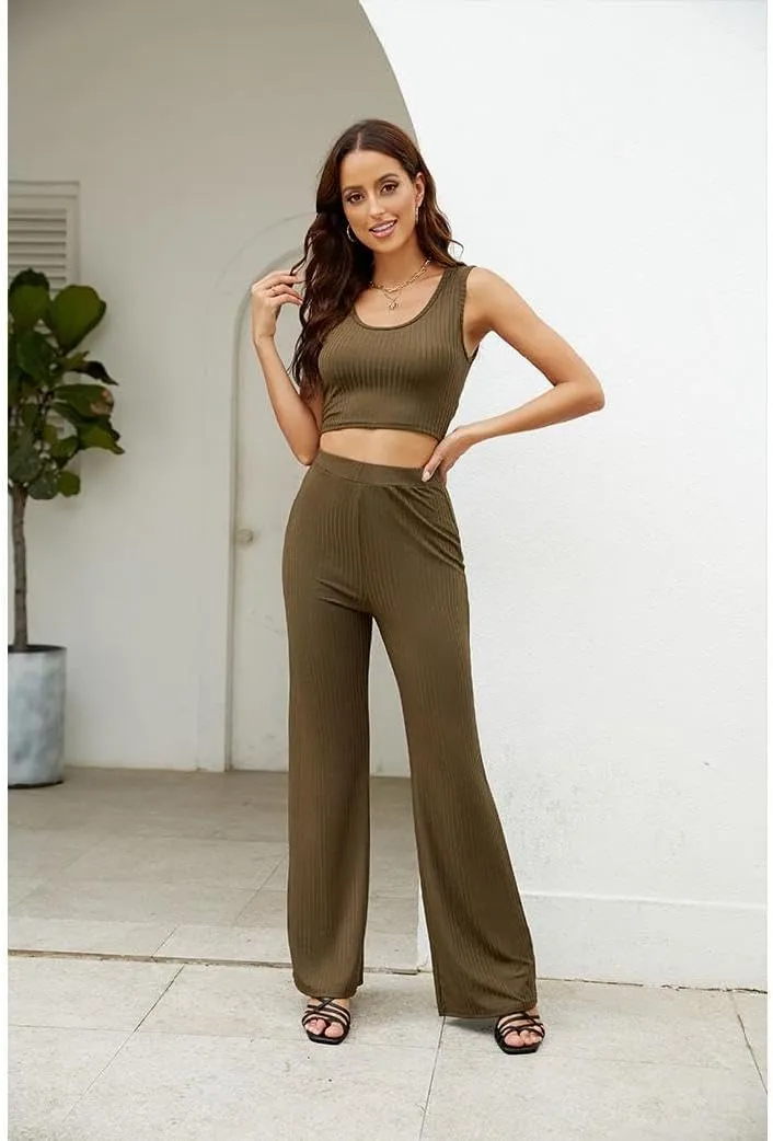 Womens 3 Piece Outfits Open Front Cardigan Cover Up Crop Tank Tops Wide Leg Palazzo Pants Loungewear Set