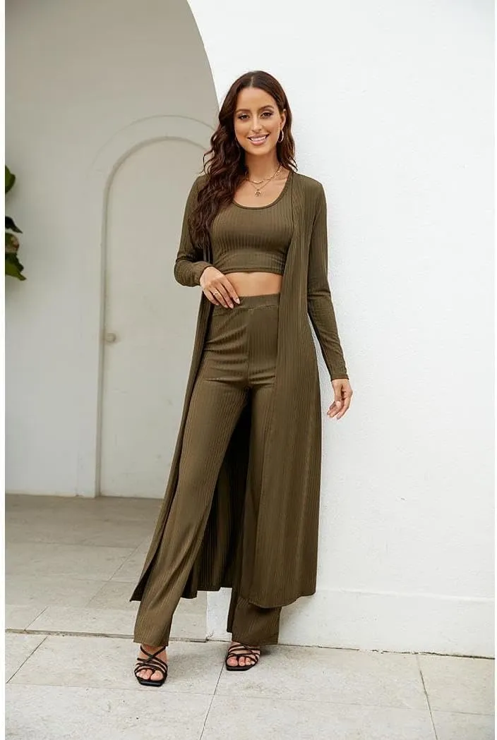 Womens 3 Piece Outfits Open Front Cardigan Cover Up Crop Tank Tops Wide Leg Palazzo Pants Loungewear Set