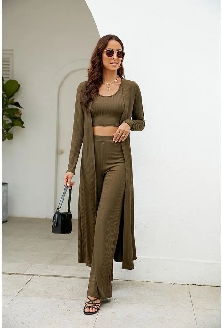 Womens 3 Piece Outfits Open Front Cardigan Cover Up Crop Tank Tops Wide Leg Palazzo Pants Loungewear Set
