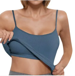 Womens Camisole Tops with Built in Bra Ribbed Knit Tank Top Spaghetti Straps Sleeveless Padded Yoga Basic Tees
