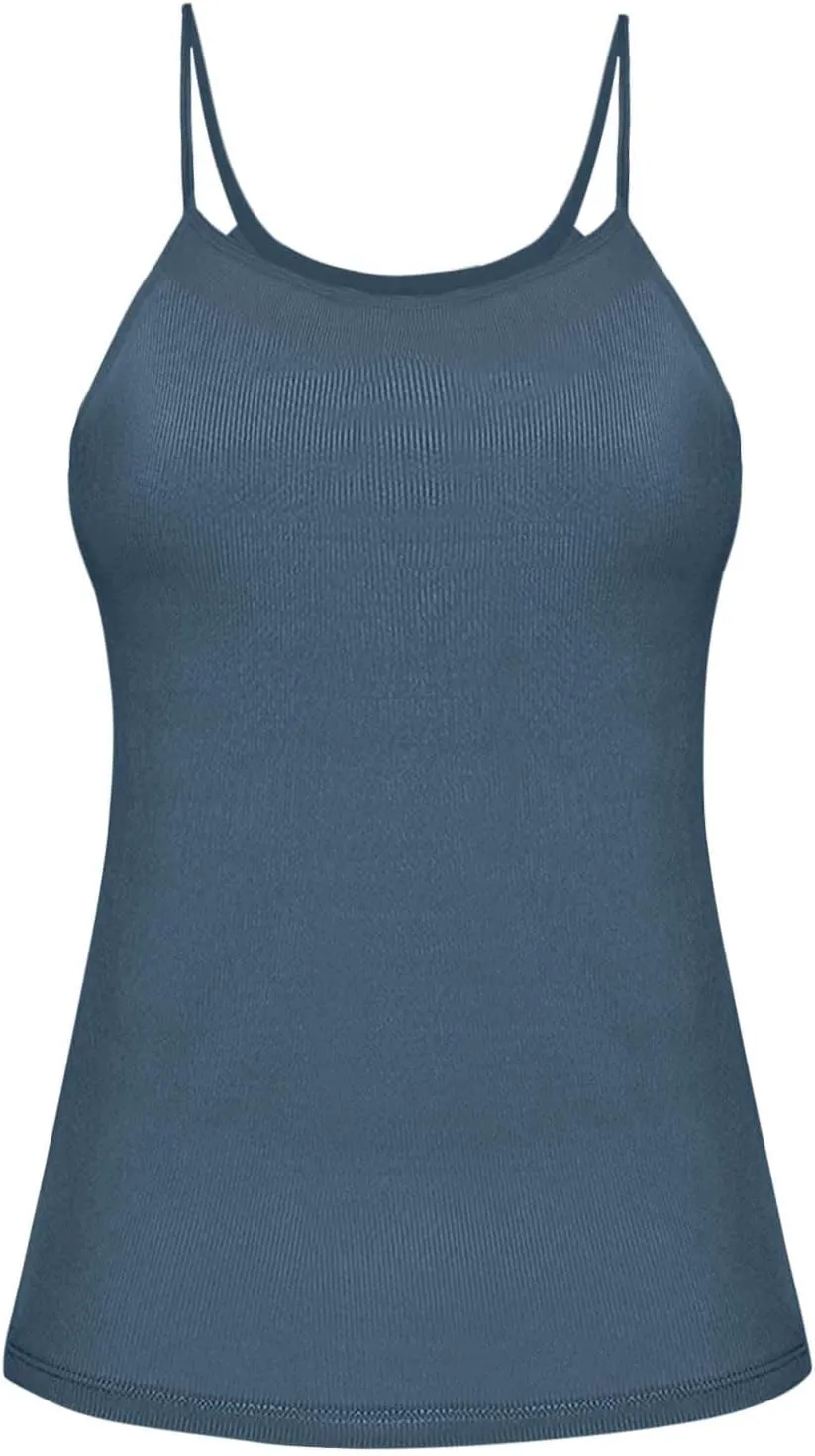 Womens Camisole Tops with Built in Bra Ribbed Knit Tank Top Spaghetti Straps Sleeveless Padded Yoga Basic Tees