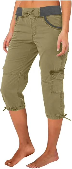 Womens Cargo Capris Drawstring Low Waisted Hiking Pants Casual Lightweight Summer Pants Cotton Joggers with Pockets
