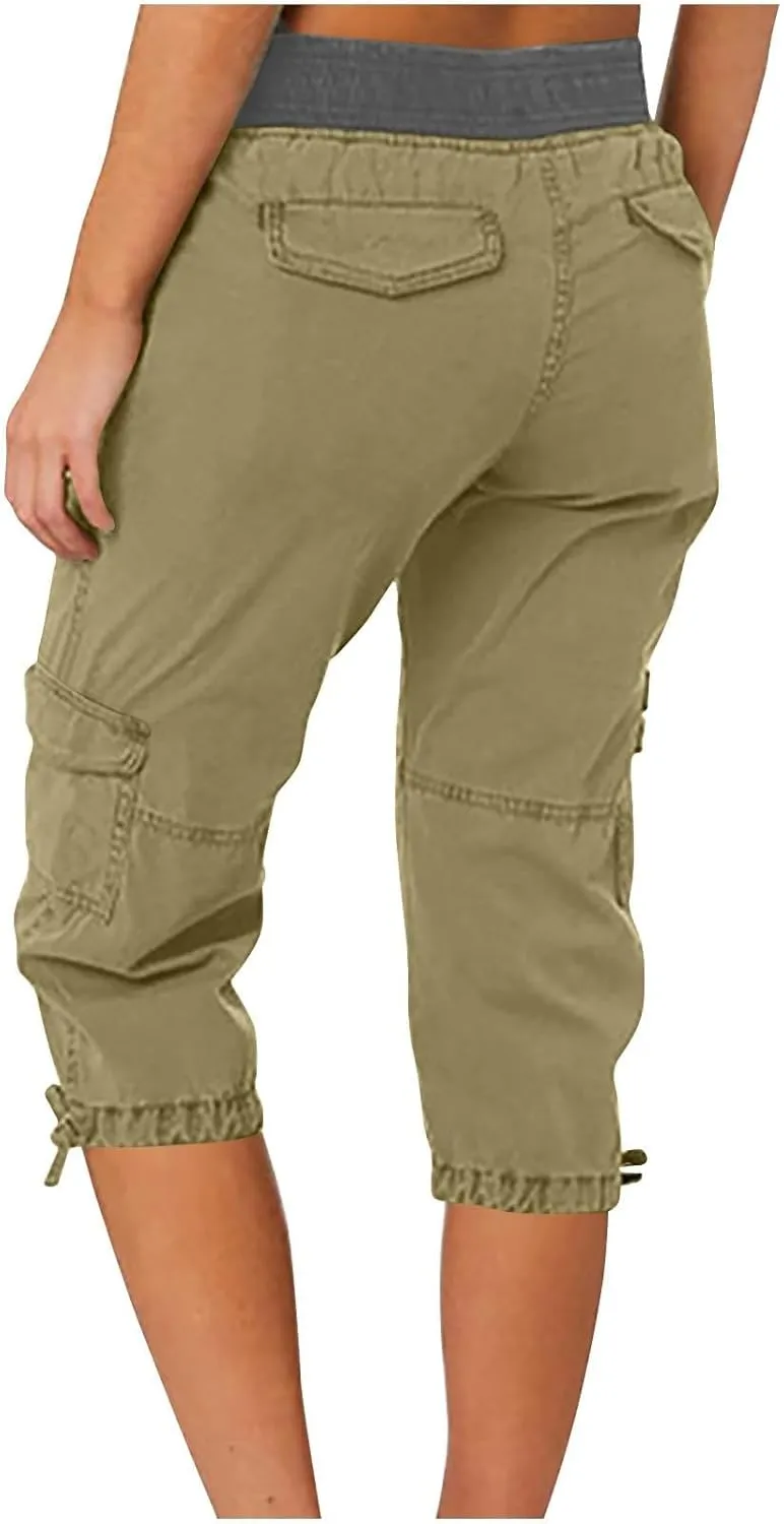 Womens Cargo Capris Drawstring Low Waisted Hiking Pants Casual Lightweight Summer Pants Cotton Joggers with Pockets