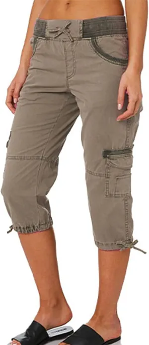 Womens Cargo Capris Drawstring Low Waisted Hiking Pants Casual Lightweight Summer Pants Cotton Joggers with Pockets