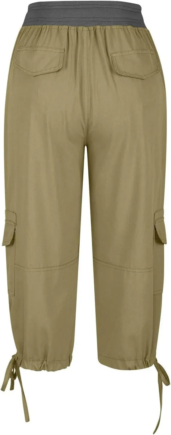 Womens Cargo Capris Drawstring Low Waisted Hiking Pants Casual Lightweight Summer Pants Cotton Joggers with Pockets