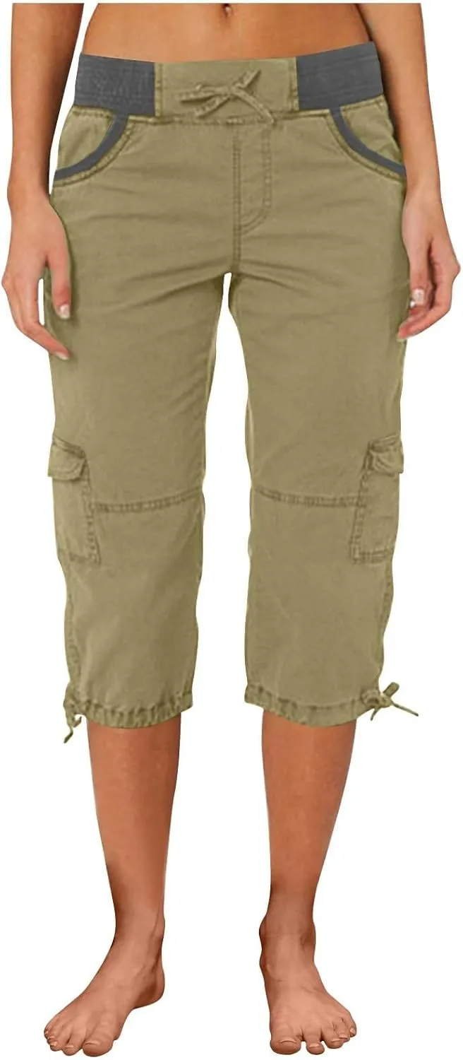 Womens Cargo Capris Drawstring Low Waisted Hiking Pants Casual Lightweight Summer Pants Cotton Joggers with Pockets