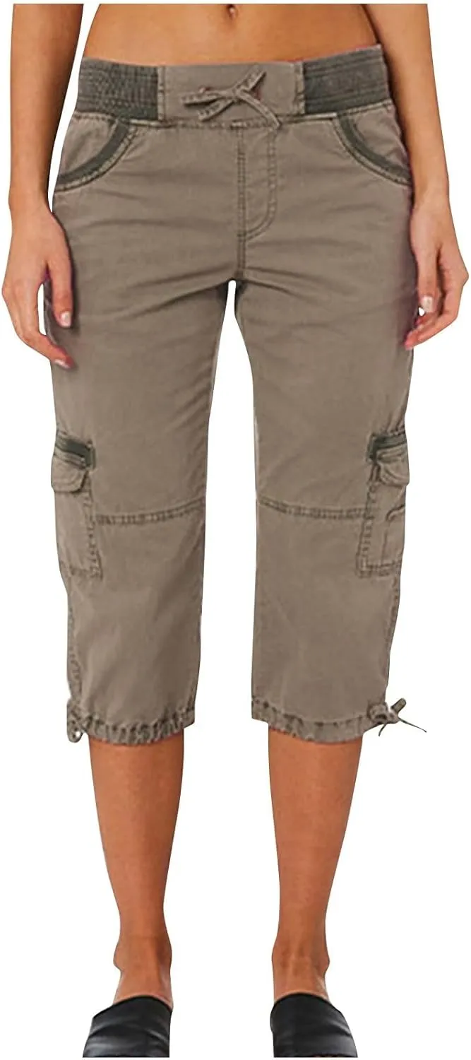 Womens Cargo Capris Drawstring Low Waisted Hiking Pants Casual Lightweight Summer Pants Cotton Joggers with Pockets