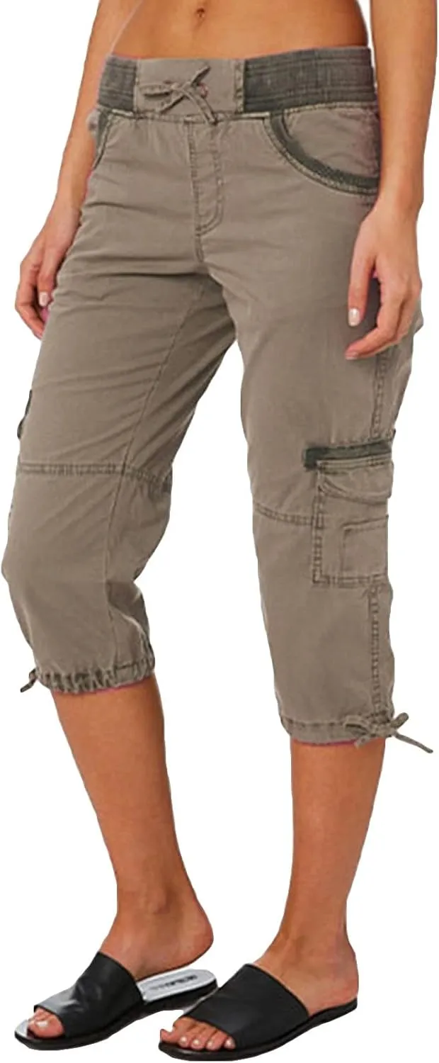 Womens Cargo Capris Drawstring Low Waisted Hiking Pants Casual Lightweight Summer Pants Cotton Joggers with Pockets